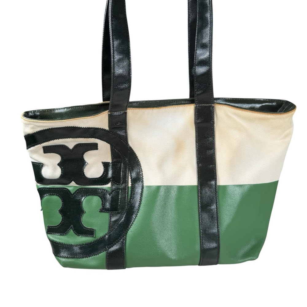Green and Cream Tote Bag with Black Patent Trim